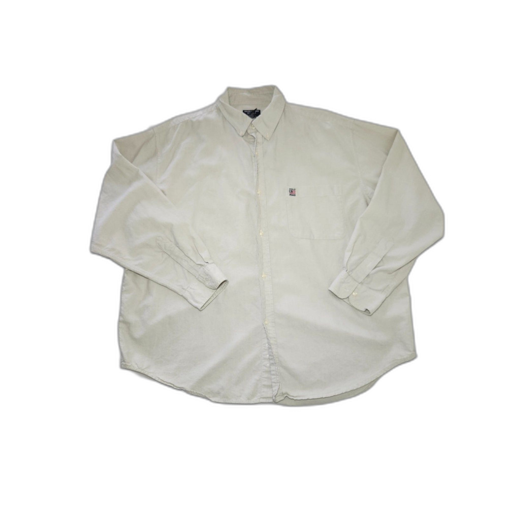 Ralph Lauren Button Down Shirt Tan L Cotton Utility Workwear Flag Logo